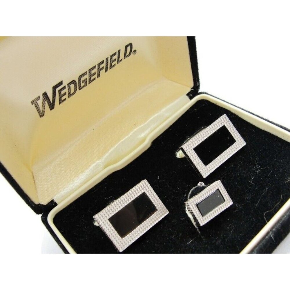 Wedgefield Rectangle Cufflink Set w Tie Tack Pin Dress Suit Vintage IOB